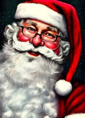 In this Santa Claus portrait, Santa is looking directly at the camera with a twinkle in his eye. His white beard and mustache are neatly trimmed and he is wearing a traditional red suit with black boo