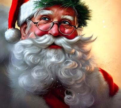 A portrait of Santa Claus hangs on the wall. He is a jolly man with white hair and a beard. He wears a red suit with black boots. His eyes twinkle and his cheeks are rosy.