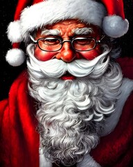 In this portrait, Santa Claus is depicted as a jolly old man with a long white beard and red suit. He is holding a bag of presents in one hand and has a twinkle in his eye.
