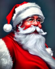 In this portrait, Santa Claus is depicted as a jolly old man with a long white beard. He is wearing a red suit and has a sack of presents slung over his shoulder. His cheeks are rosy and he has