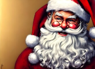 Santa Claus is looking at the camera with a twinkle in his eye. His cheeks are rosy and he has a white beard. He's wearing a red suit with white trim and black boots. A sack of toys is sl