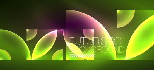 Shiny neon geometric abstract background. Glowing lights on round shapes, triangles and circles. Wallpaper for concept of AI technology, blockchain, communication, 5G, science, business