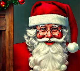 In this portrait, Santa Claus is looking directly at the viewer with a twinkle in his eye. He has rosy cheeks and a white beard, and he's wearing his traditional red suit with black boots. A bag of to