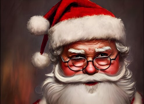 In this portrait, Santa Claus is shown from the waist up, looking slightly to his left with a soft smile on his face. He has white hair and eyebrows, rosy cheeks, and a long white beard. He's wearing