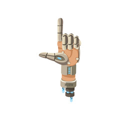Robot hand pointing up cartoon illustration. Prothesis arm pointing up. Artificial intelligence, innovation, technology concept