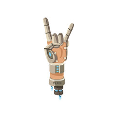 Robot hand showing rock gesture cartoon illustration. Prothesis arm doing rock gesture. Artificial intelligence, innovation, technology concept