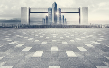Apocalyptic atmosphere empty brick floor square floors with panoramic city skyline and skyscraper architecture © hqrloveq