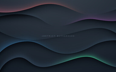 Black abstract wavy dimension background with color light