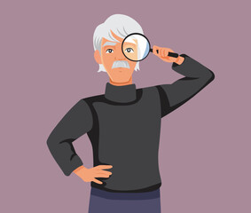 Senior Man Looking Through a Magnifying Glass Vector Cartoon. Elderly person analyzing with attention to details using a magnifier 
