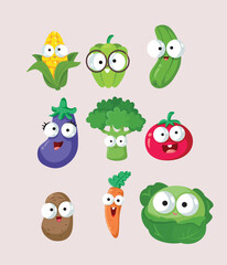  Funny Cartoon Vegetables Icons Set Collection. Cute and comical groceries smiling looking adorable 