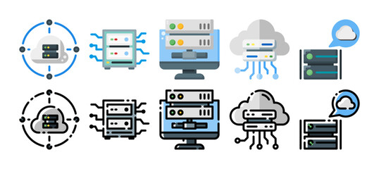 Hosting server icon set. Vector illustration with a different style. Flat and solid style