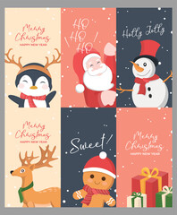 set of merry christmas icons with character concept, snowman, pingwin, christmas present and cute santa clas, merry christmas vector illustration on colorful background.  © Hans