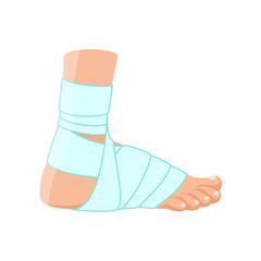 Man with bandaged ankle and foot cartoon illustration. Fracture treatment, bandaged ankle. Healthcare, injury, medicine, trauma, accident concept