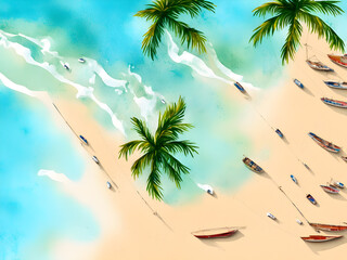 illustration of beach in watercolor style with palm trees, sand and canoes aerial view