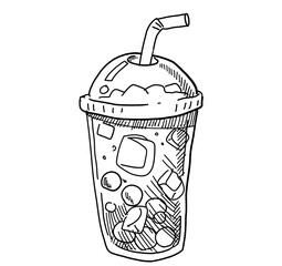 Iced tead cold drink cafe bevarage boba hand doodle drawing watercolor illustration