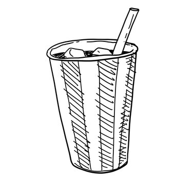 Soda cola ice codl drink in paper cup hand doodle drawing watercolor illustration