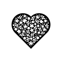 Floral heart vector illustration. Hand drawn black silhouette with flowers, herbs, leaves for holiday - Valentine Day, Mothers Day, Womens Day. For greeting card, invitation, t shirt print, poster.