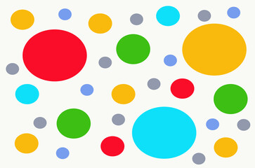 Multicolored circles, spots on a white background. Background of multicolored circles of different sizes. Funny colored children's background. Rainbow circles. Bright pattern. Festive background