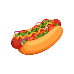Realistic hot dog with vegetables cartoon illustration. Delicious hot dog. Junk food, unhealthy diet concept