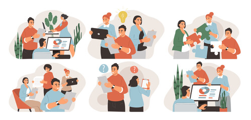 vector illustration in flat style. set of isolated scenes on the theme of business in the office, teamwork.