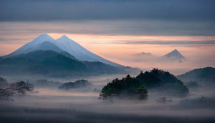 Fototapeta na wymiar Foggy mountain in japan with dreamy sky