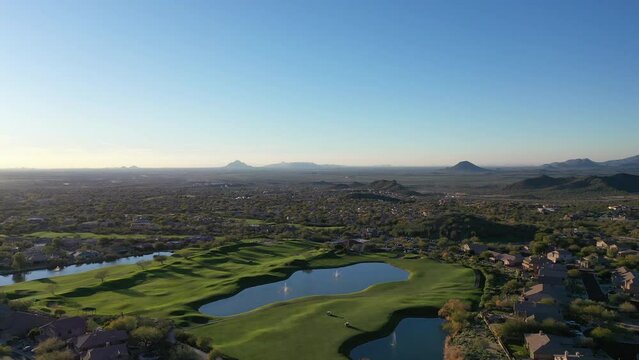 A aerial view of a golf corse during the winter in Arizona.