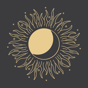 Sun and moon modern vector thin line drawing. Partial solar eclipse abstract logo. Golden sun with crescent moon silhouette.