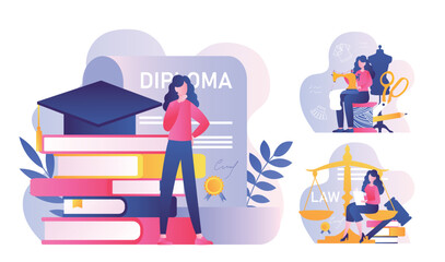 Future occupation concept. Woman stands near books with graduate cap and dreams of career. Choice between lawyer or seamstress. Education, aspiring specialist. Cartoon flat vector illustration