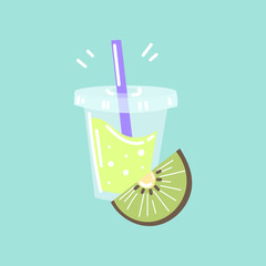 Plastic cup with kiwi smoothie vector illustration. Natural flavor of juice or fruit drink, kiwi isolated on blue background. Summer, beverage concept