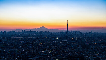 Tokyo Skytree and Fuji mountain at Sunset, Chiba, Japan