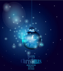 Abstract Happy New Year greeting card with hanging Christmas star. Wireframe Christmas ball. Merry Christmas and New Year banner. Abstract modern 3d vector illustration on blue background.