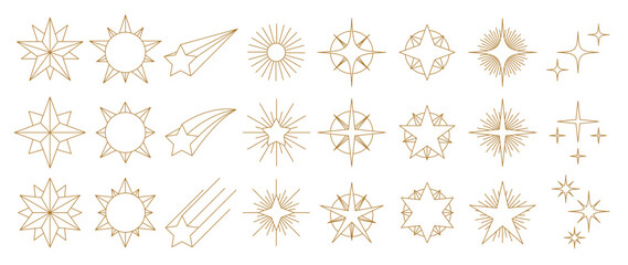Set of gold star vector illustration. Luxury geometric gold line star and sparkle in different styles isolated on white background. Art design for sticker, decoration, festive party invitation.