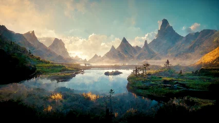 Fototapeten landscape, fantasy world, background, nature, mountains, digital illustration   © Graphinate