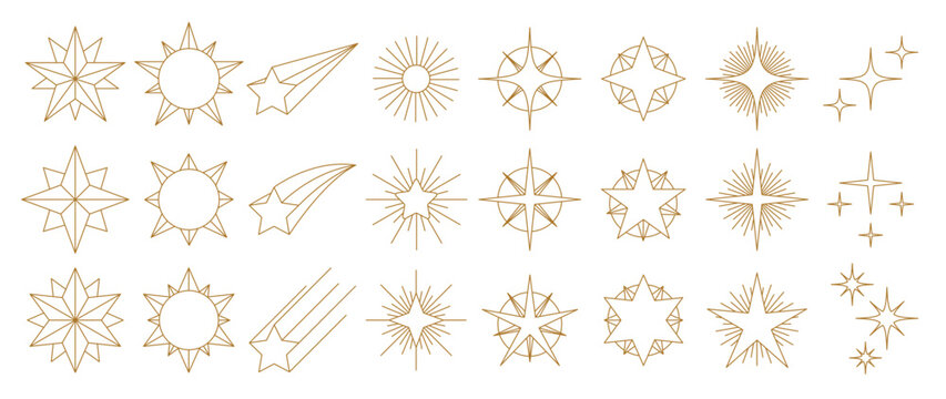 Set of gold star vector illustration. Luxury geometric gold line star and sparkle in different styles isolated on white background. Art design for sticker, decoration, festive party invitation.