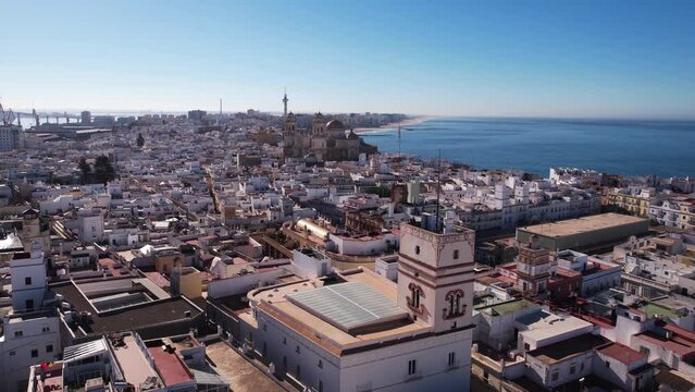 Aerial View of Cadiz, Spain. Tavira Tower, Cathedral, Port, Downtown Buildings by Atlantic Ocean