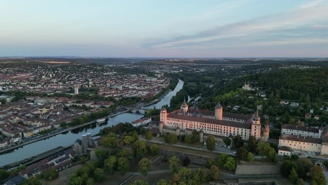 Marienberg Fortress Wuzburg Bavaria Germany sunset drone aerial view