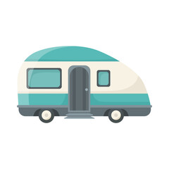 Blue RV or house trailer cartoon illustration. Vintage van or camping truck for travel, adventure, family vacation isolated on white background. Campsite, camp, transportation concept