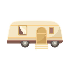 Beige RV or house trailer cartoon illustration. Vintage van or camping truck for travel, adventure, family vacation isolated on white background. Campsite, camp, transportation concept