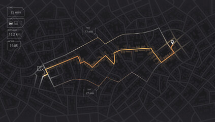 Gps map navigation to own house. View from above the map buildings. Detailed view of city. Decorative graphic tourist map City top view. Abstract background. Flat style, Vector, illustration isolated.
