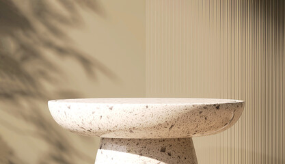 Modern, minimal round white granite stone table podium with reeded glass partition in dappled...