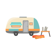 RV or house trailer with sleeping bags cartoon illustration. Mobile home or camping truck for travel and table with kettle and thermos on white background. Campsite, camp, transportation concept