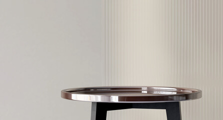 Modern, minimal round silver and black colored steel table podium with reeded glass partition on...