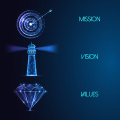 Futuristic Mission Vision Values business concept with glowing target, diamond and lighthouse symbol