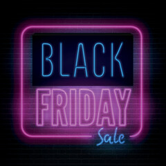 Black friday pink blue neon light box with annual discount offer promo. Youth style price reduction minimal sticker design. Year biggest sale vector banner template.