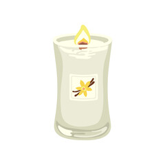 Vanilla candle for house decoration vector illustration. Home fragrance in glass isolated on white background. Aromatherapy, relaxation, comfort concept.