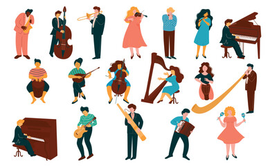 People Musician Playing Musical Instrument Performing on Stage Big Vector Set © topvectors