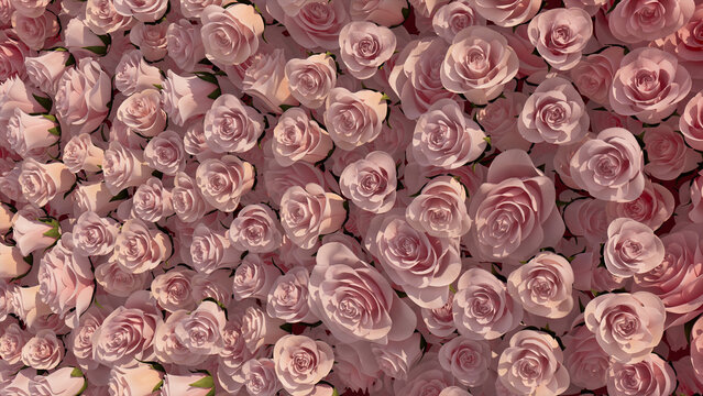 Beautiful, Bright Wall Background With Roses. Elegant, Floral Wallpaper With Romantic, Red Flowers. 3D Render