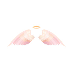 Pink angel wings and halo flat vector illustration. Cartoon drawing of cute wings and gold nimbus isolated on white background. Love, heaven, religion, freedom concept