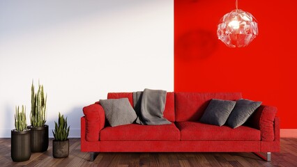 Red sofa against the background of  Red and white background. Green flowers. 3d render