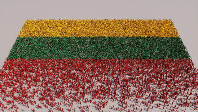 Aerial view of a Crowd of People, coming together to form the Flag of Lithuania. Lithuanian Banner on White Background.